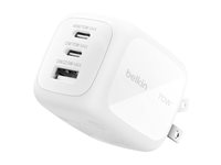Belkin BoostCharge Pro - Strømadapter - GaN - 70 watt - PD 3.1/PPS - 3 utgangskontakter (2 x USB-C, USB) - hvit - med reiselader sett WCH018HQWH